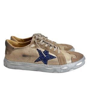 Dingo Playdate Leather Sneakers Tan and Blue Star Sneakers